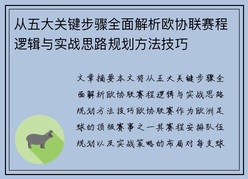 从五大关键步骤全面解析欧协联赛程逻辑与实战思路规划方法技巧